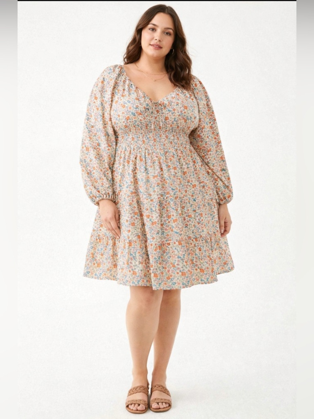 Arula Claire Ivory Multi Floral Puff Sleeve Milkmaid Smocked Tiered Dress- 3X